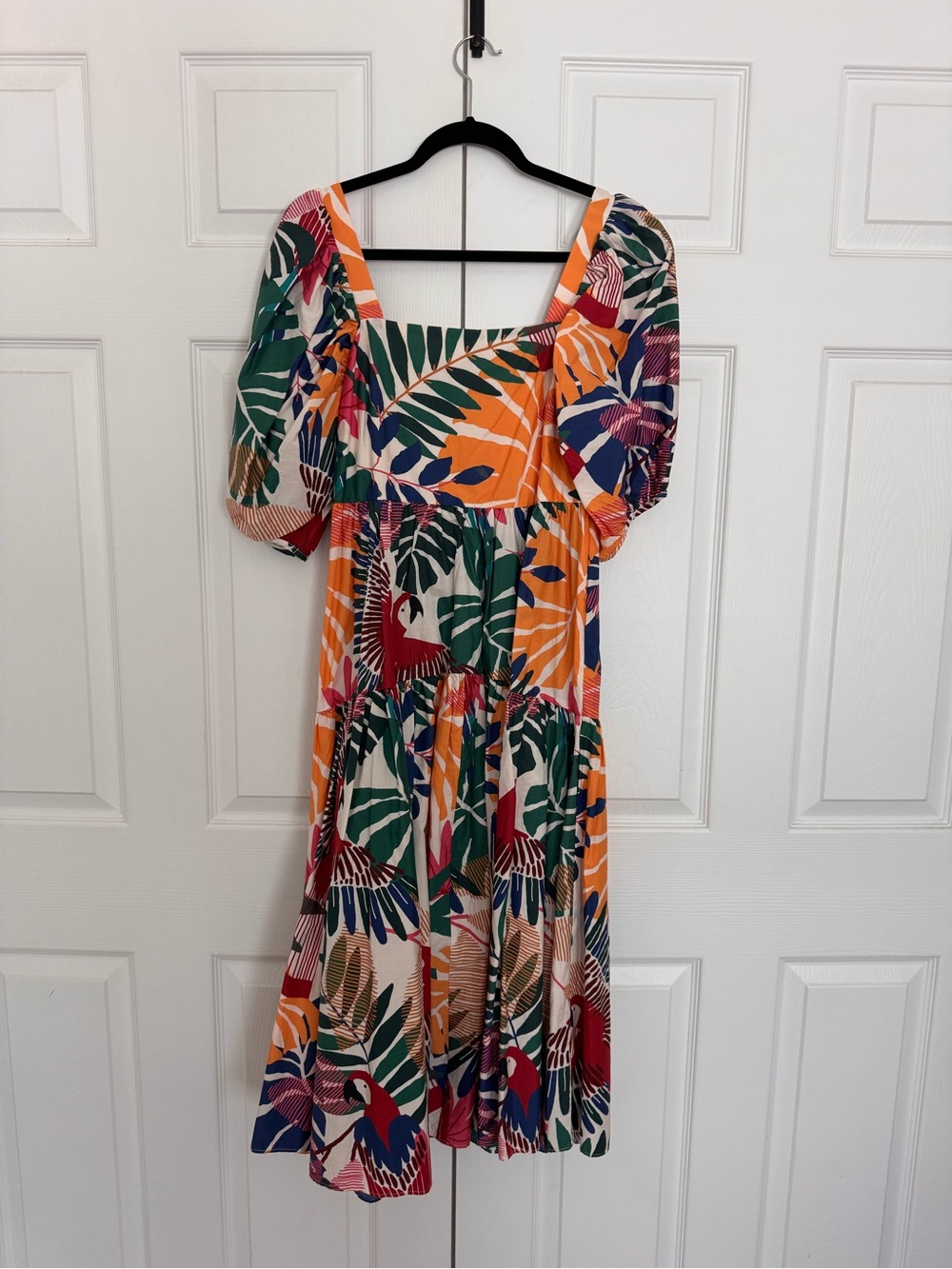 FARM Rio Tropical Puff-Sleeve Tiered Midi Dress — Orange, Green, Blue, Pink